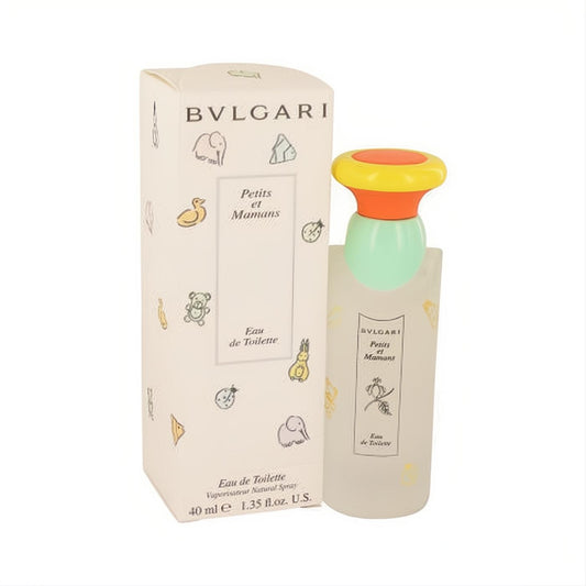Bvlgari Petits & Mamans 1.3 oz EDT spray, featuring a whimsical animal-print box and frosted bottle with a vibrant orange and yellow cap.
