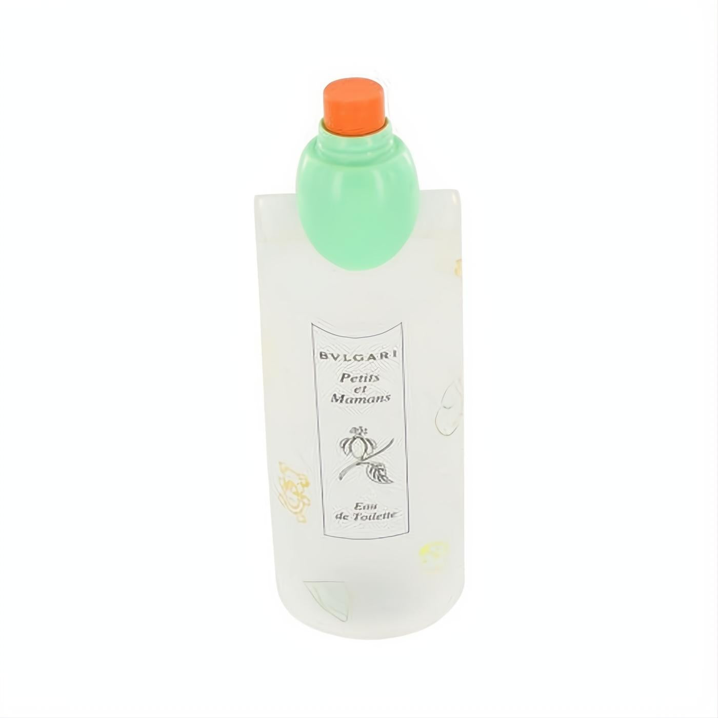 Discover Bvlgari Petits & Mamans 3.3 oz EDT spray tester. Frosted bottle, playful drawings, vibrant green and orange cap.