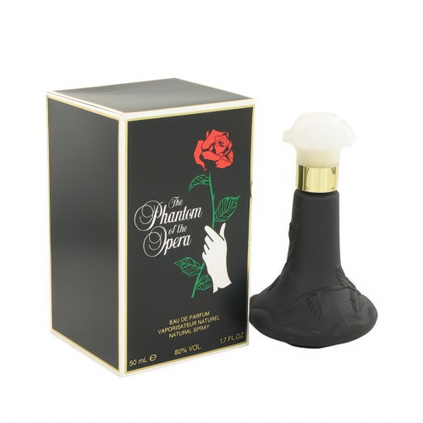 Phantom of the Opera 1.7 oz EDP. Elegant black box with red rose, unique sculpted black bottle, and white floral cap.