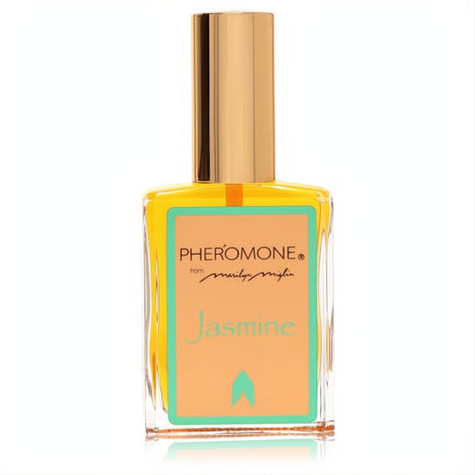 Discover Pheromone Jasmine 1 oz EDP spray by Marilyn Miglin. Clear glass bottle, vibrant yellow fragrance, gold cap, peach label.