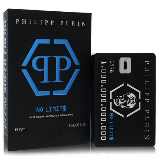 Philipp Plein No Limits Super Fresh men's 3 oz EDT. Black box with bold blue logo, sleek credit card bottle featuring a skull.