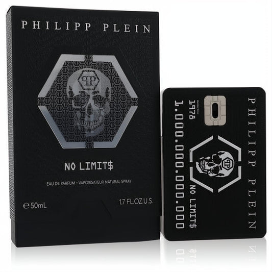 Philipp Plein No Limit$ 1.7 oz men's EDP. Black textured box and sleek credit card-style bottle featuring a striking silver skull design.