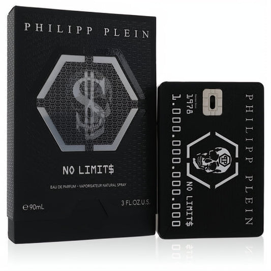 Philipp Plein No Limits 3 oz black EDP spray. Luxurious credit card-style bottle and box with bold skull & dollar sign.