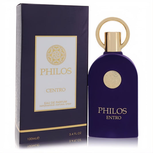 Elegant deep purple Philos Centro 3.4 oz Eau De Parfum spray by Maison Alhambra, featuring a distinctive gold cap and matching box.