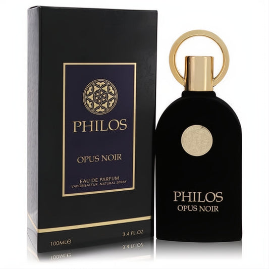 Experience Philos Opus Noir: a sophisticated 3.4 oz unisex EDP. Features a sleek matte black bottle with a striking gold cap and emblem.