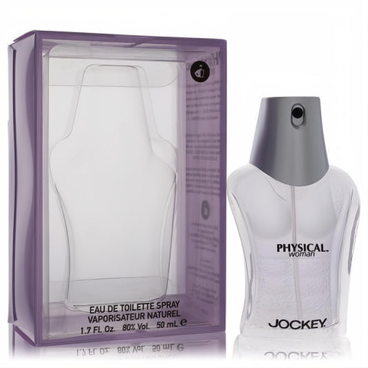 Physical Jockey Woman 1.7oz EDT spray. Clear torso-shaped bottle with sleek grey cap, presented beautifully with its translucent purple box.