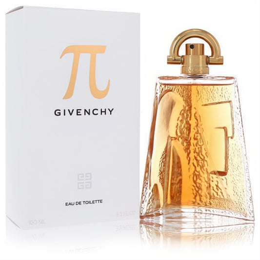Givenchy Pi 3.3 oz EDT spray. Masculine clear glass bottle with textured Pi symbol, golden amber fragrance, and elegant white box.
