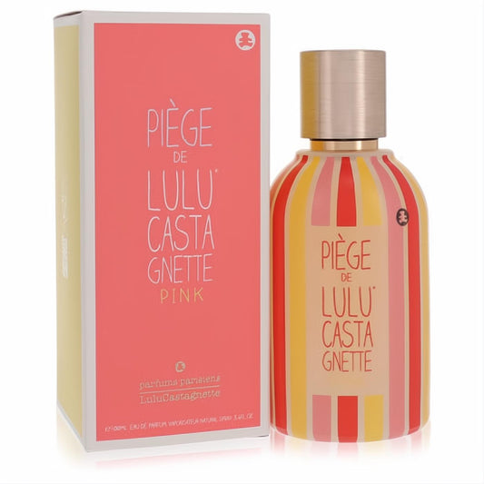 Piege De Lulu Castagnette Pink 3.4 oz EDP. Playful pink, yellow, coral striped bottle with gold cap and matching box.
