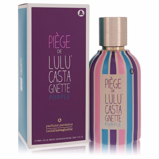 Chic Piege De Lulu Castagnette Purple 3.4 oz women's perfume. Features a vibrant striped bottle with a metallic cap and a sleek purple box.