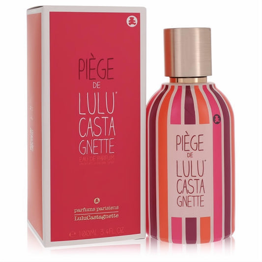 Lulu Castagnette Piège Eau de Parfum 3.4 oz. Vibrant pink, orange, red striped bottle with a chic rose gold cap and matching fuchsia box.