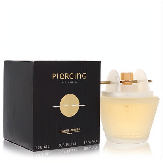 Jeanne Arthes Piercing 3.3 oz Eau De Parfum. Unique frosted bottle with gold 'piercing' cap and elegant black box.