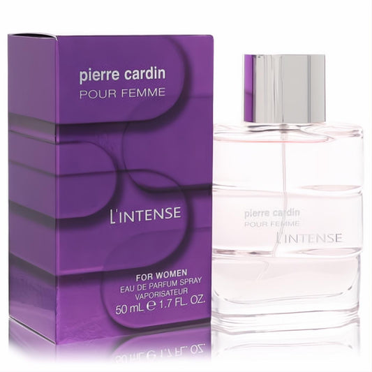 Luxurious Pierre Cardin Pour Femme L'intense 1.7 oz women's perfume spray in a sleek clear glass bottle and vibrant purple box.