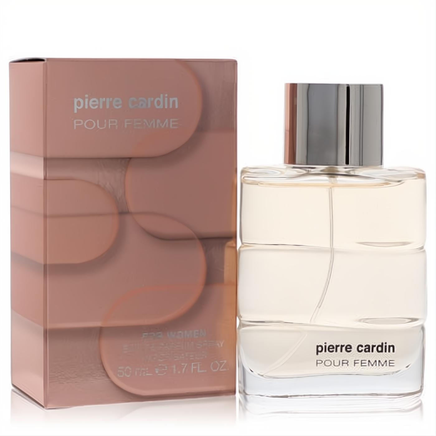 Pierre Cardin Pour Femme 1.7 oz EDP, featuring a sleek clear ribbed bottle, silver cap, and elegant rose gold box.