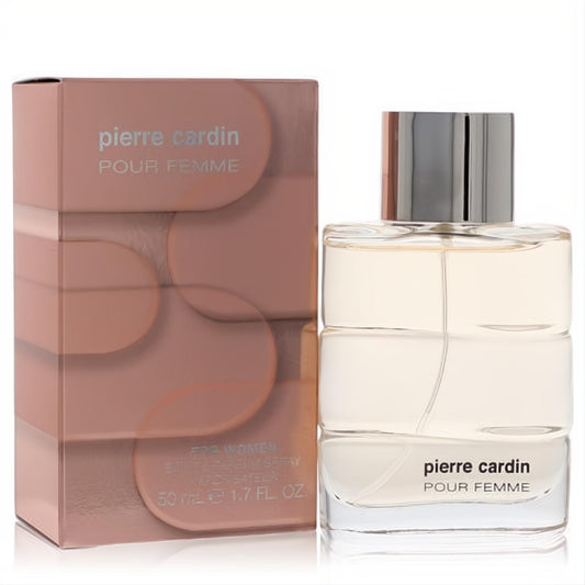 Pierre Cardin Pour Femme 1.7 oz EDP, featuring a sleek clear ribbed bottle, silver cap, and elegant rose gold box.