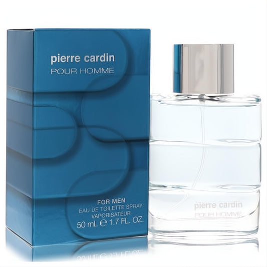 Experience Pierre Cardin Pour Homme 1.7 oz EDT. Modern clear glass bottle with silver cap, unique ridges, and a bold blue box.