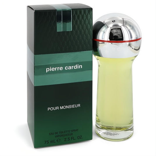 Pierre Cardin Pour Monsieur 2.5 oz EDT spray in a classic dark green box and sleek bottle with a distinctive silver cap.