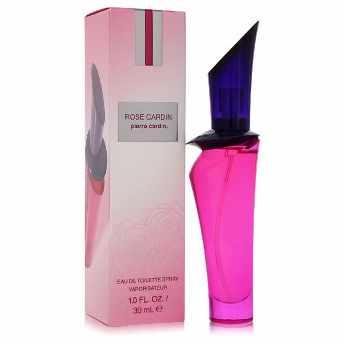 Vibrant Pierre Cardin Rose Cardin 1 oz EDT spray. Sleek fuchsia pink glass bottle with a distinctive angular purple cap and matching box.