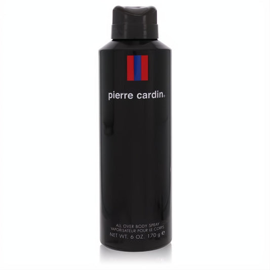 Pierre Cardin 6 oz men's body spray. Elevate your style with this sleek matte black can featuring the iconic red and blue stripe.
