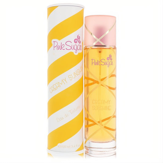 Aquolina Pink Sugar Creamy Sunshine 3.4 oz EDT. Clear bottle with vibrant yellow liquid, pink cap, and iconic striped box.