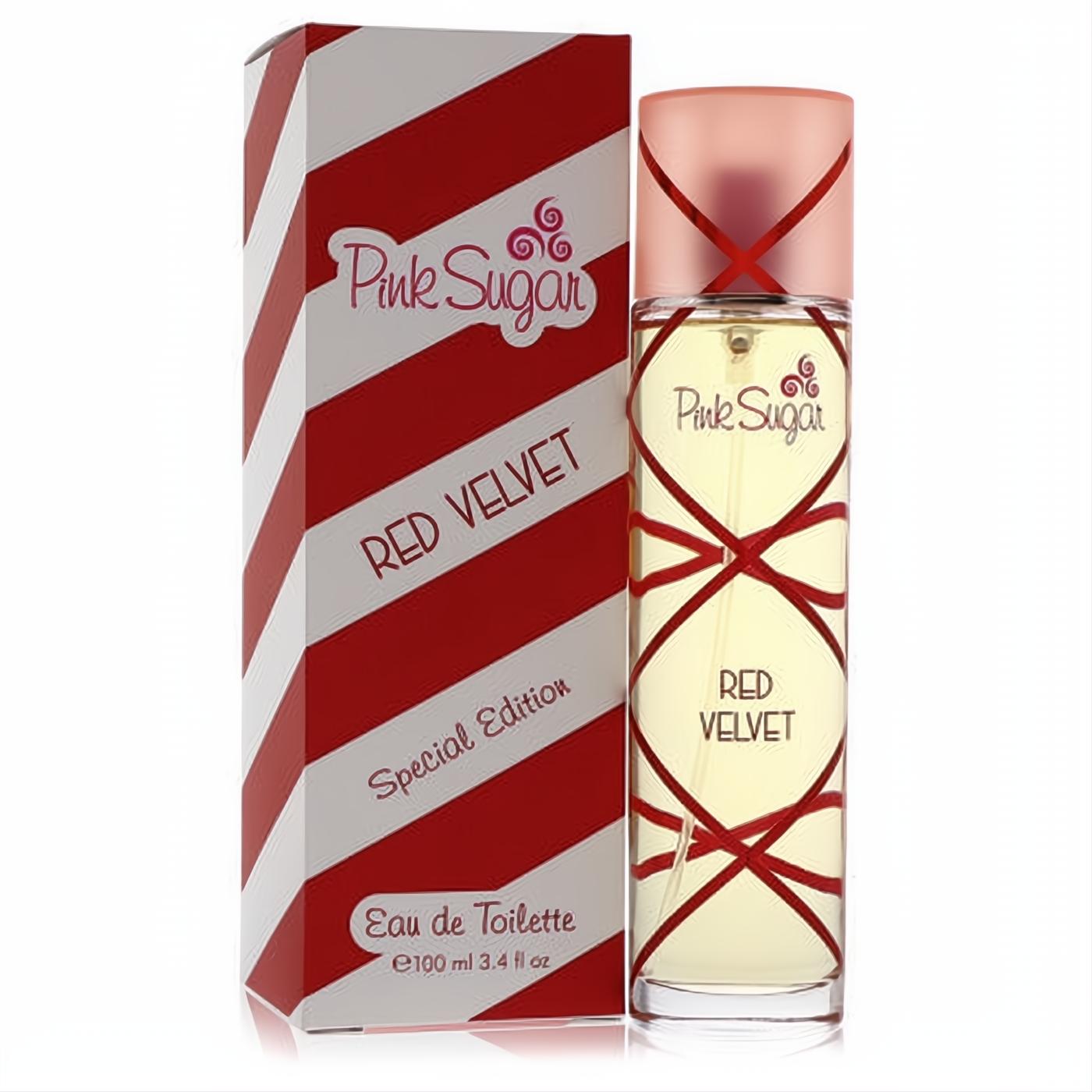Captivating Pink Sugar Red Velvet 3.4 oz EDT. Clear bottle with iconic red criss-cross design, displayed with its vibrant striped box.