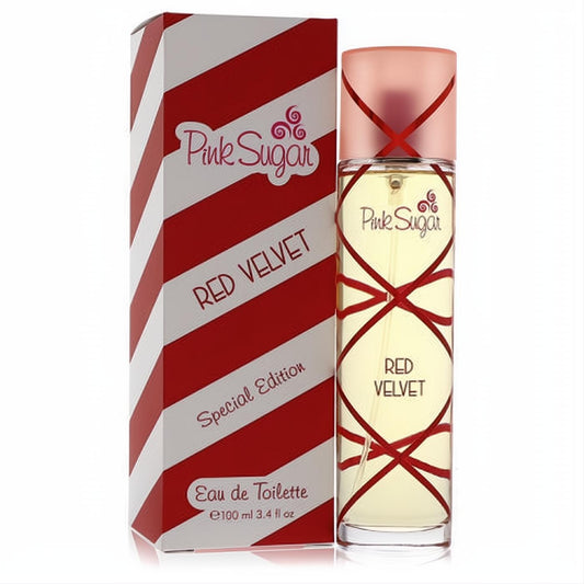 Captivating Pink Sugar Red Velvet 3.4 oz EDT. Clear bottle with iconic red criss-cross design, displayed with its vibrant striped box.