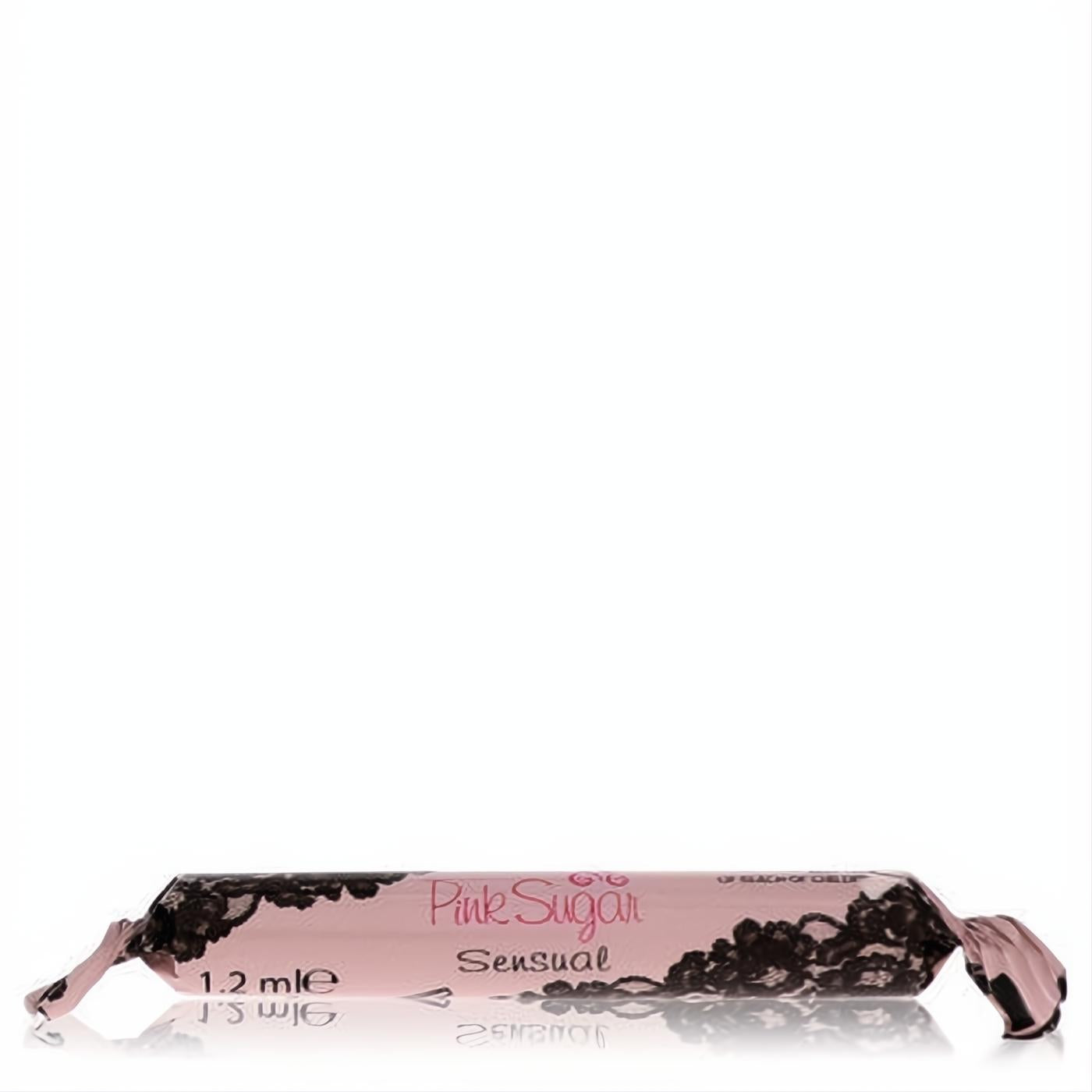 Pink Sugar Sensual perfume sample vial, 1.2 mL, wrapped in sweet pink with elegant black lace design.