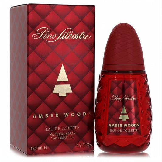 Experience Pino Silvestre Amber Woods 4.2 oz EDT. Bold red pinecone bottle, elegant quilted box for men.