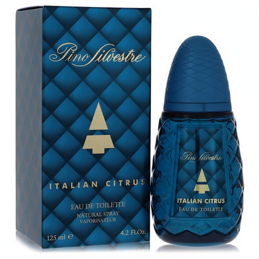 Elevate your scent with Pino Silvestre Italian Citrus 4.2 oz EDT. Dark blue textured bottle, pinecone cap, and matching elegant box.