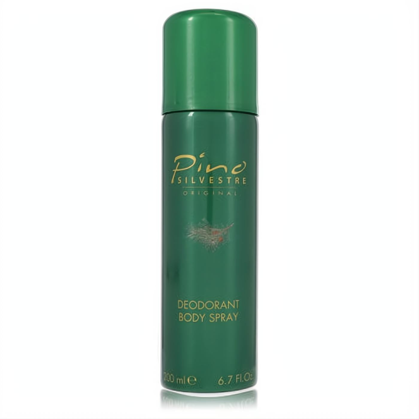 Pino Silvestre Original 6.7 oz dark green deodorant body spray, featuring iconic pine branch art for a refreshing, natural scent.