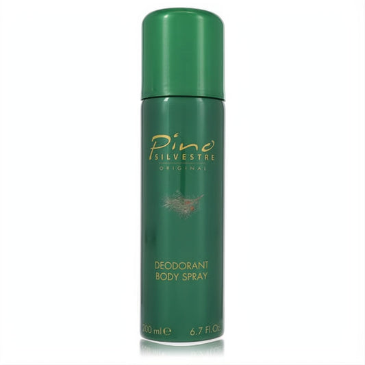 Pino Silvestre Original 6.7 oz dark green deodorant body spray, featuring iconic pine branch art for a refreshing, natural scent.