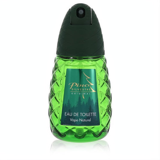 Invigorating Pino Silvestre Eau De Toilette spray in a vibrant green, pinecone-textured glass bottle with a dark green cap.