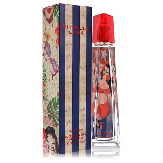 Pitbull Cuba 3.4 oz women's perfume. Clear bottle with vibrant Cuban-inspired art, red cap, and matching blue-striped tropical box.