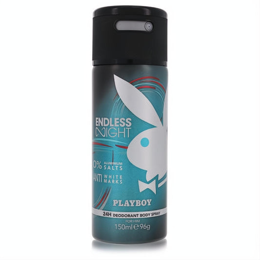 Playboy Endless Night 150ml men's deodorant body spray. Teal metallic can, iconic white bunny logo, 24H anti-white marks.