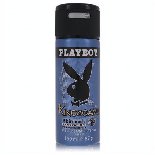 Playboy King of the Game 150ml blue men's deodorant spray. Sleek can with black bunny logo, gold text, and innovative black cap.