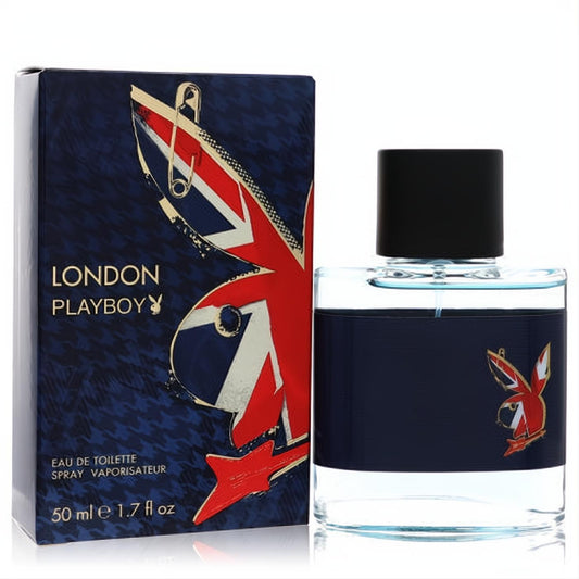 Playboy London 1.7 oz EDT for men. Clear bottle, black cap, and dark blue box with a punk-inspired Union Jack bunny logo and safety pin.