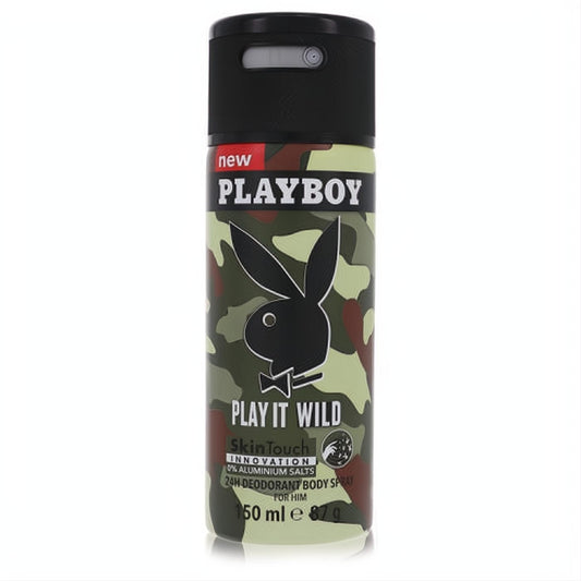 Playboy Play It Wild 150ml men's deodorant spray. Features a striking camouflage can with the iconic black bunny logo and 0% aluminum.