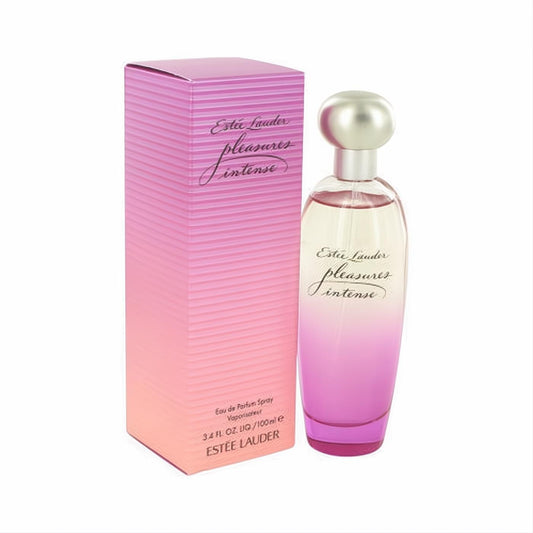 Discover Estee Lauder Pleasures Intense 3.4 oz EDP. Elegant bottle with pink gradient liquid, silver cap, and vibrant striped box.