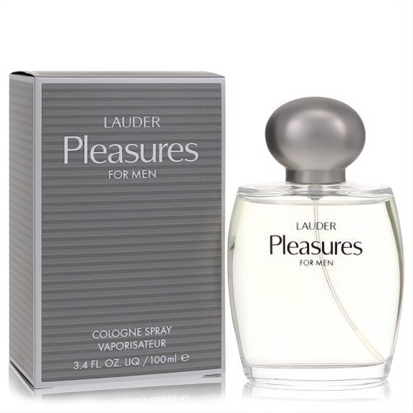 Sophisticated Estee Lauder Pleasures For Men 3.4 oz cologne spray. Clear glass bottle, sleek silver cap, and matching grey box.