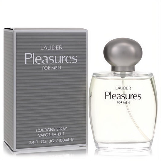 Sophisticated Estee Lauder Pleasures For Men 3.4 oz cologne spray. Clear glass bottle, sleek silver cap, and matching grey box.