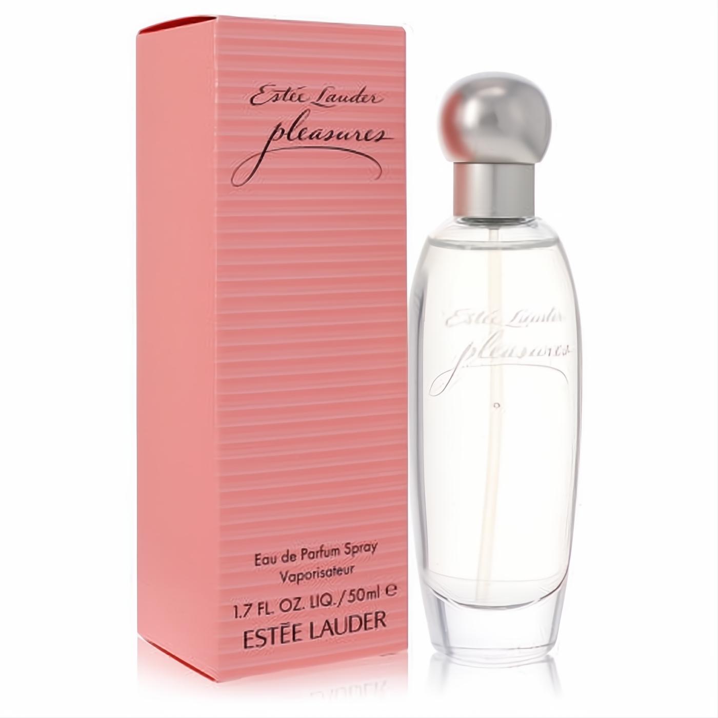 Estee Lauder Pleasures 1.7 oz EDP spray. Clear, elegant curved bottle with a sleek silver cap and a chic pink striped box.