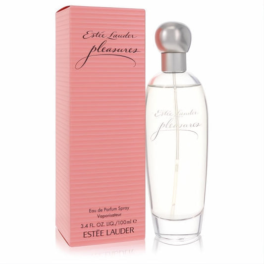 Sophisticated Estee Lauder Pleasures 3.4 oz EDP spray. Clear glass bottle, sleek silver cap, and elegant pink ribbed box.
