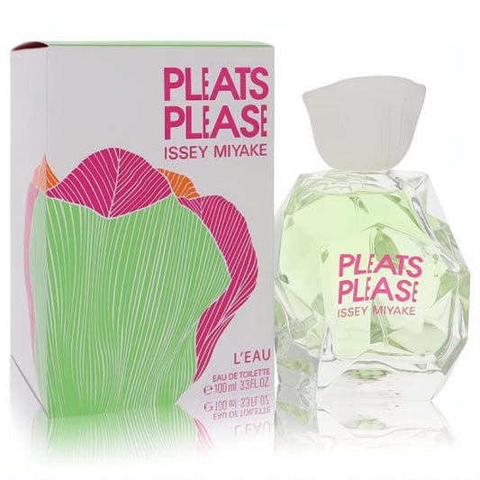 Experience Issey Miyake Pleats Please L'eau 3.3 oz EDT. Elegant faceted green bottle, unique pleated cap, vibrant floral box.