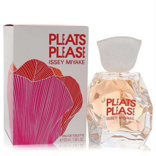 Pleats Please Issey Miyake 1.6 oz EDT. Unique faceted bottle, soft peach fragrance, sculptural frosted cap, vibrant pleated pink box.