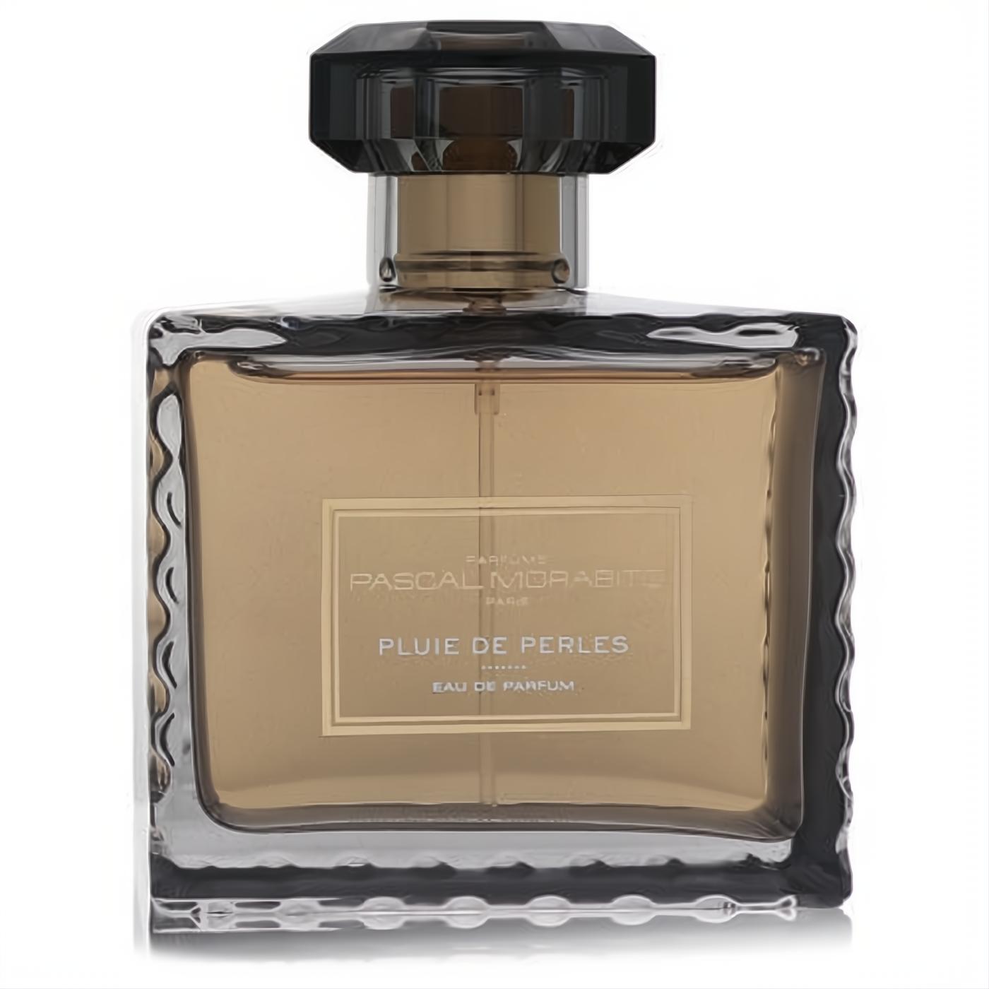 Elegant Pluie De Perles Pascal Morabito 3.4 oz EDP. Decorative glass bottle with wavy edges, rich amber liquid, and a faceted black cap.