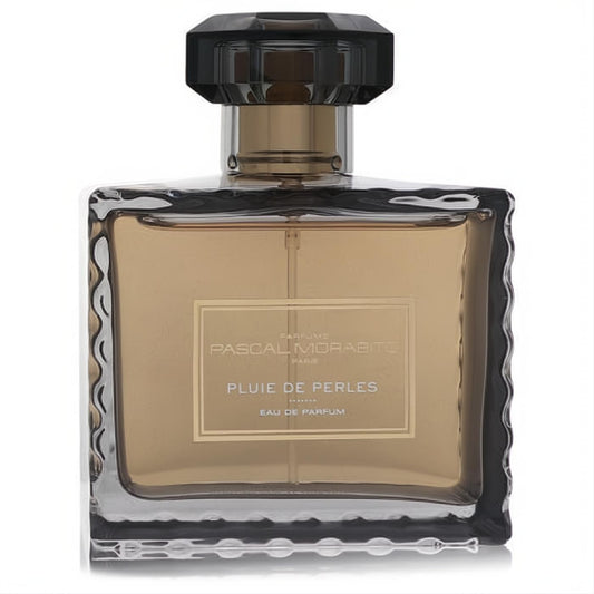 Elegant Pluie De Perles Pascal Morabito 3.4 oz EDP. Decorative glass bottle with wavy edges, rich amber liquid, and a faceted black cap.