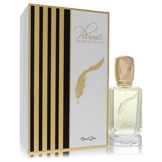 Luxurious Plume Impression Etat De Grace 2.7 oz EDP. Clear glass bottle with gold cap, elegant white, black, and gold striped box.