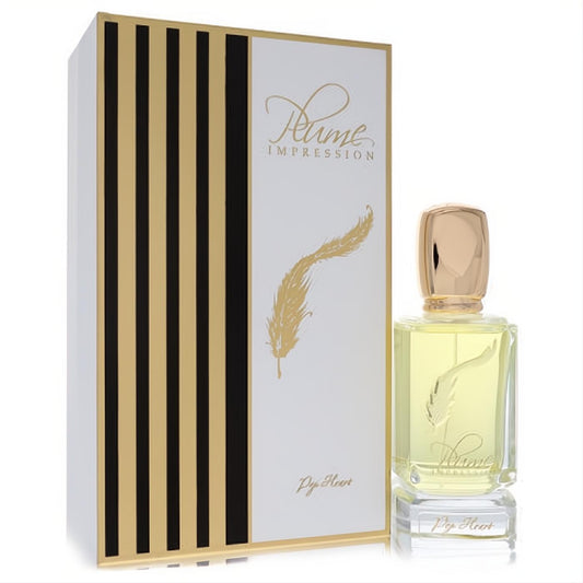 Plume Impression Pop Heart 2.7 oz EDP. Elegant clear bottle with gold feather design, chic gold cap, and luxurious white box.