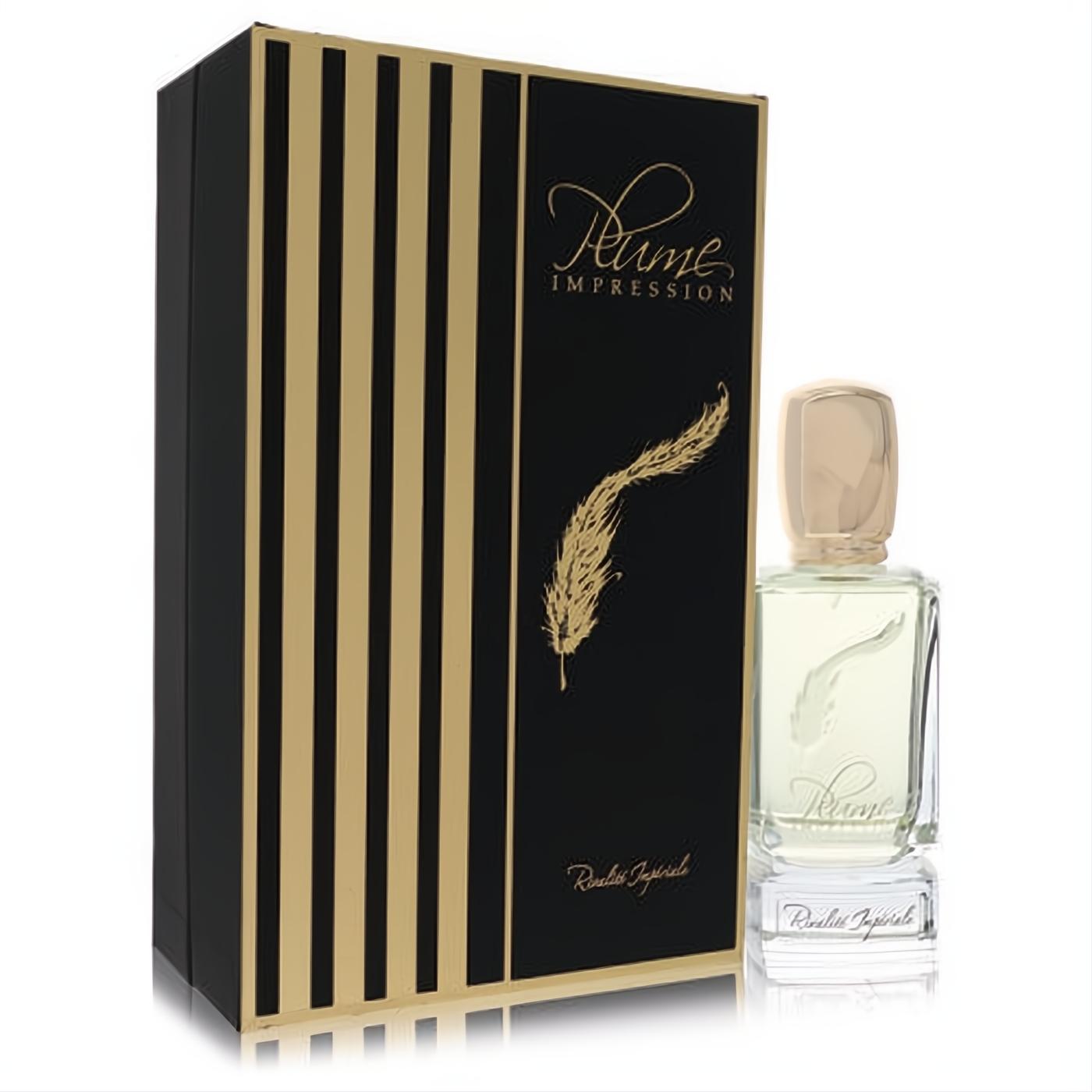 Plume Impression Rivalite Imperiale unisex Eau De Parfum spray, 2.7 oz. Elegant clear bottle, gold cap, and luxurious black & gold box.