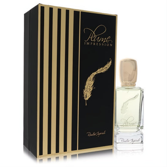 Plume Impression Rivalite Imperiale unisex Eau De Parfum spray, 2.7 oz. Elegant clear bottle, gold cap, and luxurious black & gold box.