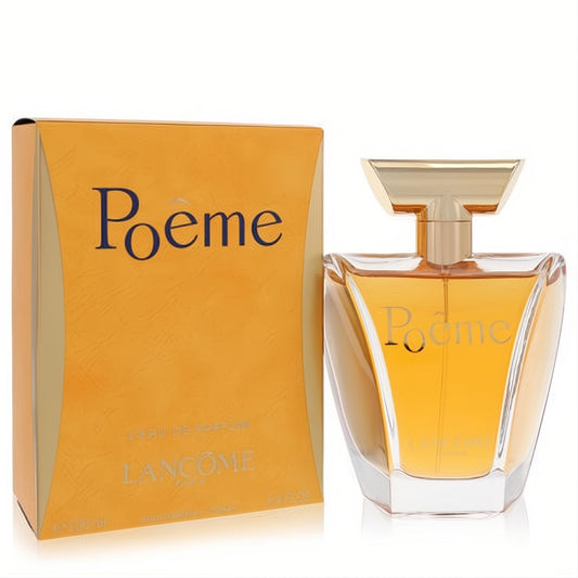 Luxurious Lancome Poeme 3.4 oz Eau De Parfum. Golden geometric bottle with gold cap and matching elegant box.
